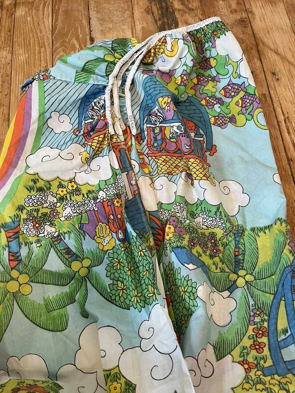 VTG Groovy Noah Ark Vintage Twin Fitted Bed Sheet Mod Psychedelic Colorful Sears